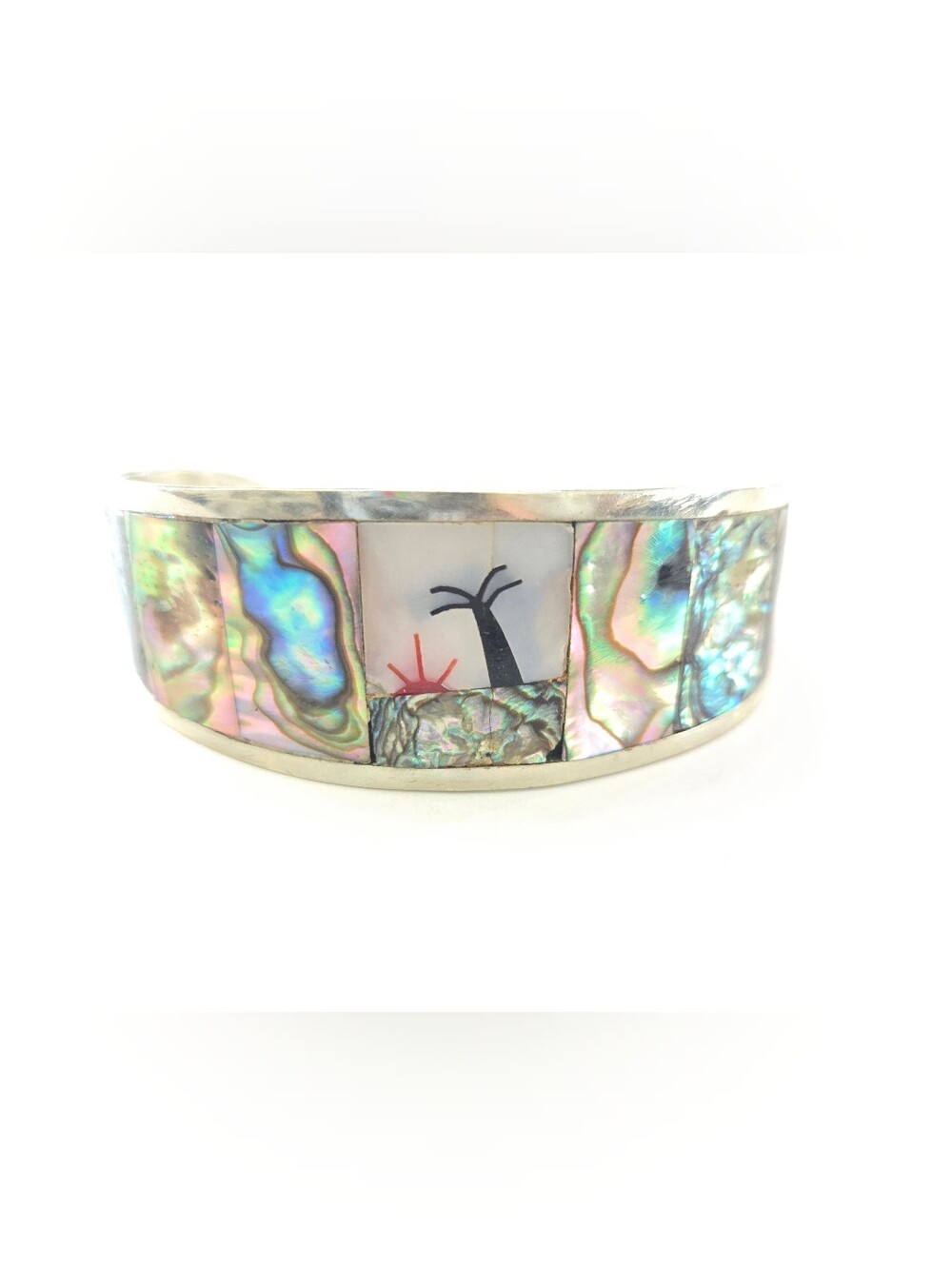 Vintage Mexico Tropical Iridescent Abalone Inlay Silver Cuff Bracelet